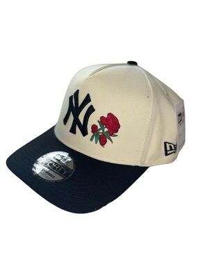 New Era Cream and Black Yankees Cap with Red Rose Embroidery